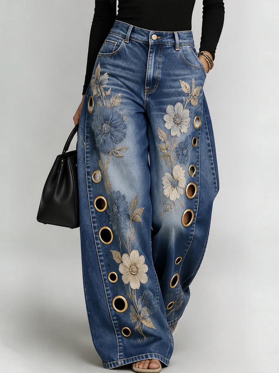 Women's Retro Style Art Print Casual Hollow Wide Leg Pants